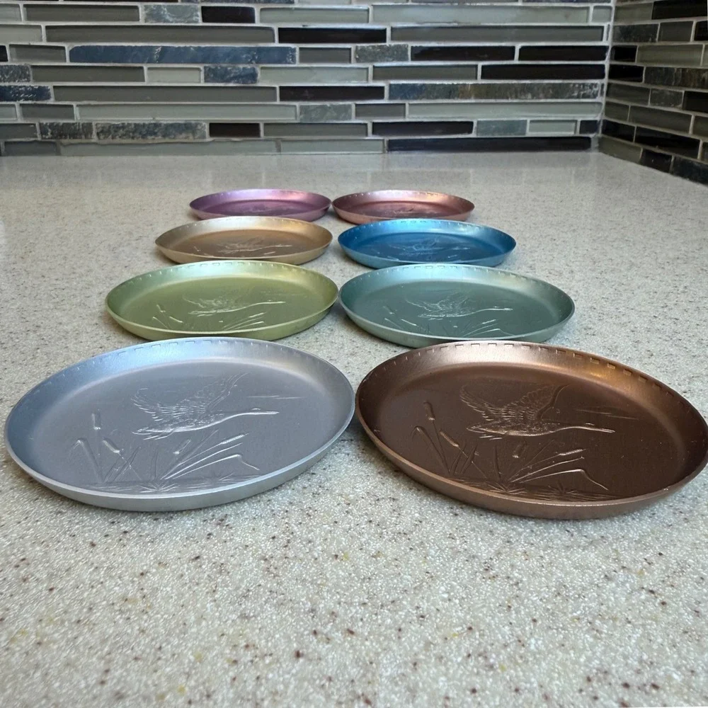 Vintage Anodized Aluminum Coasters Set of 8 Embossed Flying Duck Mallard Pastels